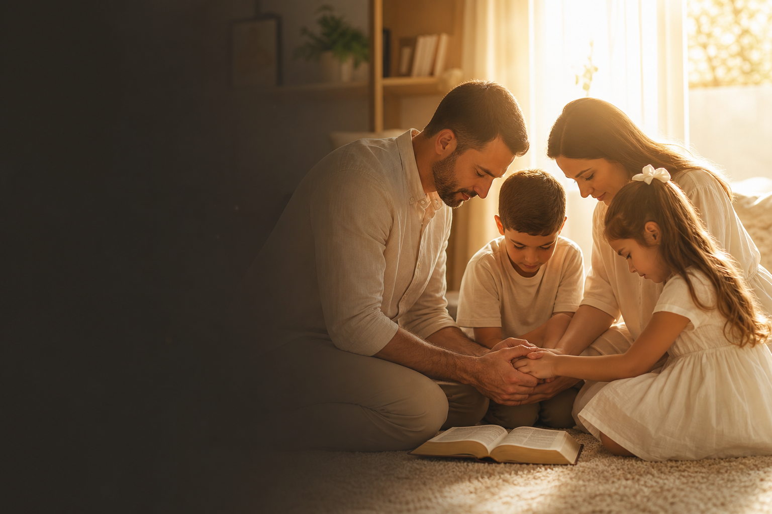 família reunida em oração com luz suave ao fundo